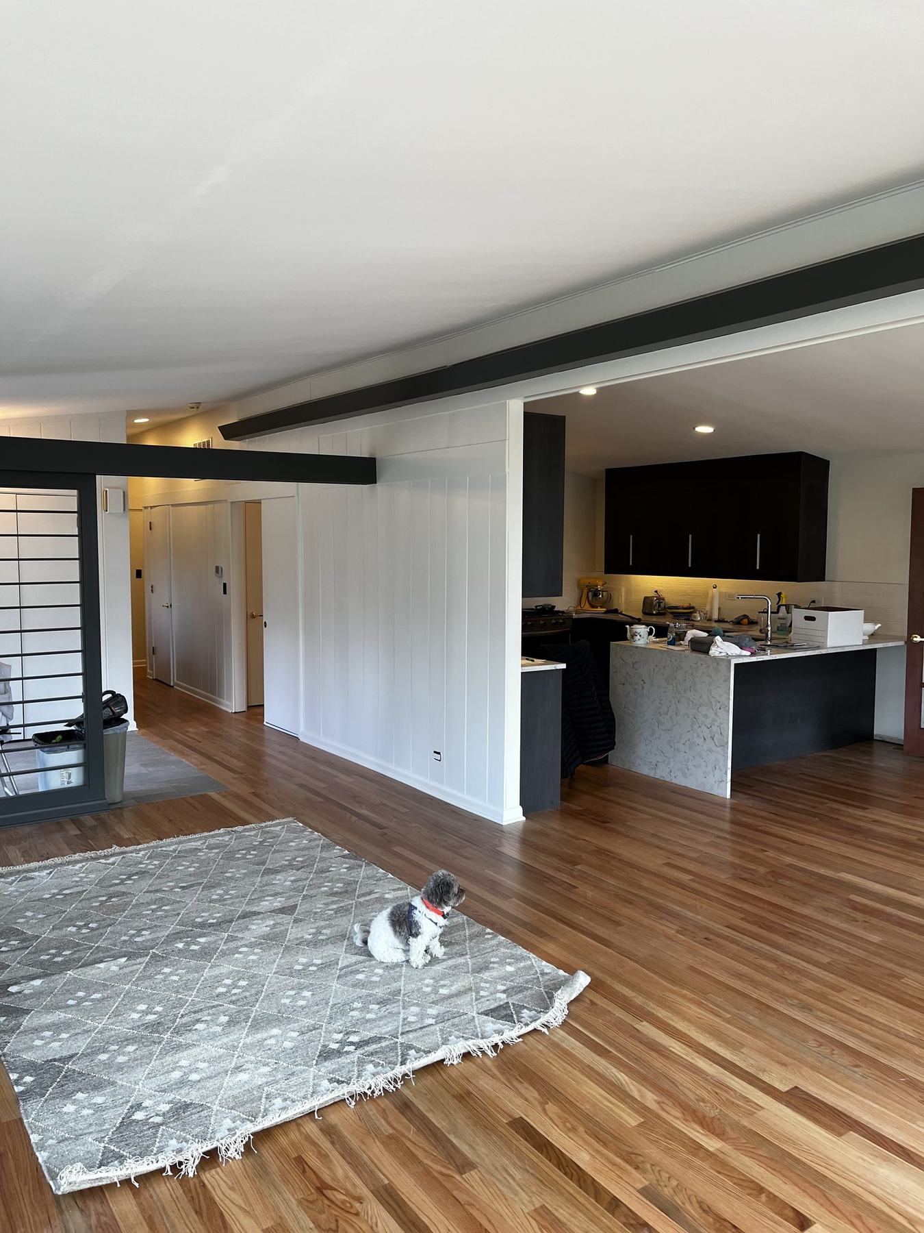 Open-concept living room painted white